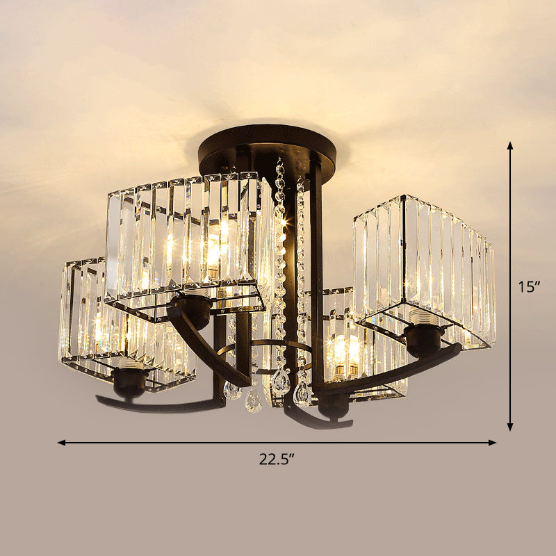 Simple Style 5 Heads Ceiling Lighting Black Cuboid Semi Flush Chandelier with Clear Crystal Shade Clearhalo 'Ceiling Lights' 'Close To Ceiling Lights' 'Close to ceiling' 'Semi-flushmount' Lighting' 1711848