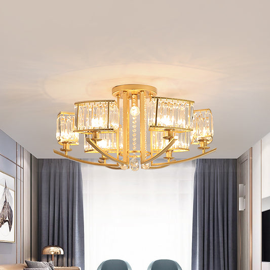 Modern Cuboid Semi Flush Chandelier Clear Crystal 7 Heads Parlor Ceiling Mounted Light with Droplet in Gold Gold Clearhalo 'Ceiling Lights' 'Close To Ceiling Lights' 'Close to ceiling' 'Semi-flushmount' Lighting' 1711849