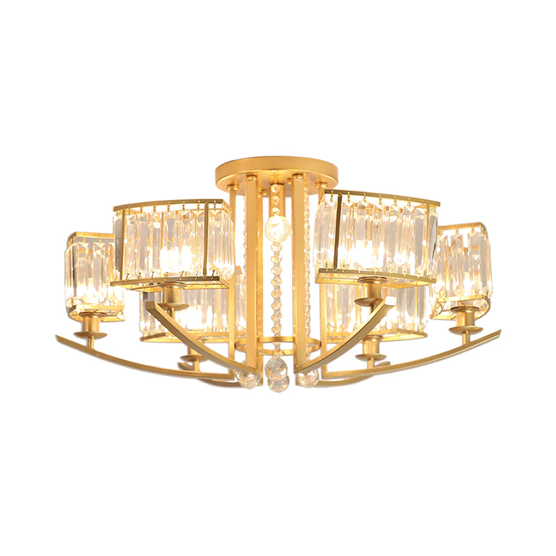 Modern Cuboid Semi Flush Chandelier Clear Crystal 7 Heads Parlor Ceiling Mounted Light with Droplet in Gold Clearhalo 'Ceiling Lights' 'Close To Ceiling Lights' 'Close to ceiling' 'Semi-flushmount' Lighting' 1711851