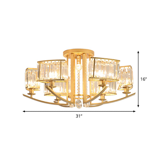 Modern Cuboid Semi Flush Chandelier Clear Crystal 7 Heads Parlor Ceiling Mounted Light with Droplet in Gold Clearhalo 'Ceiling Lights' 'Close To Ceiling Lights' 'Close to ceiling' 'Semi-flushmount' Lighting' 1711852
