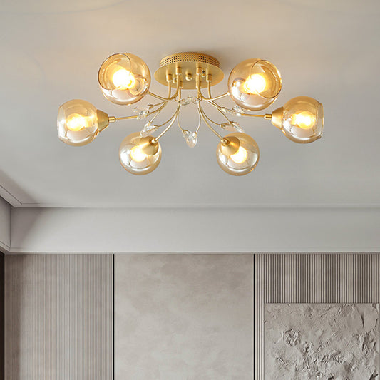 Amber Glass Ball Ceiling Flush Mount Modernist 6 Bulbs Gold Semi Flush Light with Teardrop Beveled Crystal Deco Clearhalo 'Ceiling Lights' 'Close To Ceiling Lights' 'Close to ceiling' 'Semi-flushmount' Lighting' 1711870
