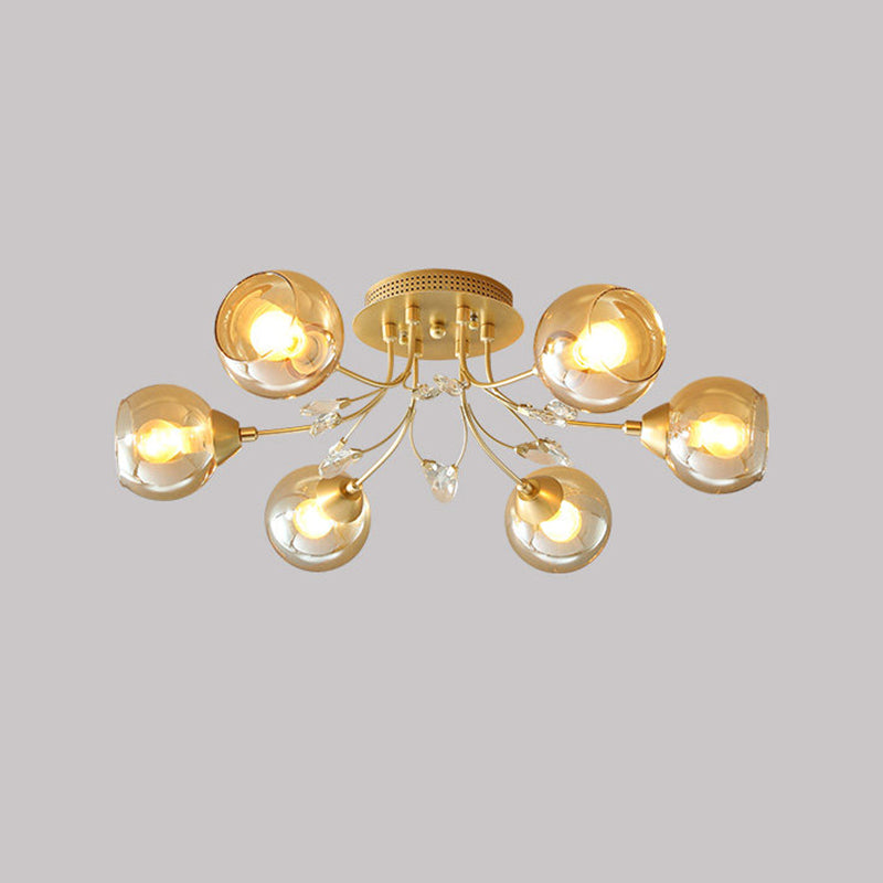 Amber Glass Ball Ceiling Flush Mount Modernist 6 Bulbs Gold Semi Flush Light with Teardrop Beveled Crystal Deco Clearhalo 'Ceiling Lights' 'Close To Ceiling Lights' 'Close to ceiling' 'Semi-flushmount' Lighting' 1711871