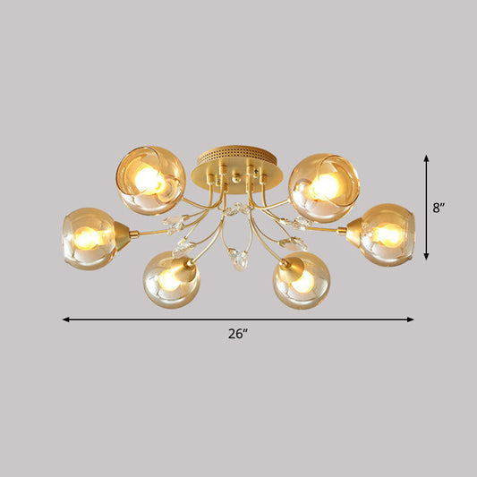Amber Glass Ball Ceiling Flush Mount Modernist 6 Bulbs Gold Semi Flush Light with Teardrop Beveled Crystal Deco Clearhalo 'Ceiling Lights' 'Close To Ceiling Lights' 'Close to ceiling' 'Semi-flushmount' Lighting' 1711872