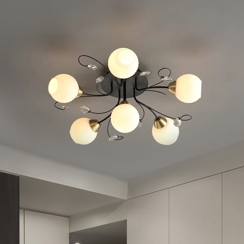 6 Heads Drawing Room Ceiling Lighting Modernism Black Semi Flush Mount with Ball Opal Lattice Glass Shade Black Clearhalo 'Ceiling Lights' 'Close To Ceiling Lights' 'Close to ceiling' 'Glass shade' 'Glass' 'Semi-flushmount' Lighting' 1711885