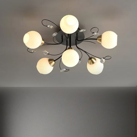 6 Heads Drawing Room Ceiling Lighting Modernism Black Semi Flush Mount with Ball Opal Lattice Glass Shade Clearhalo 'Ceiling Lights' 'Close To Ceiling Lights' 'Close to ceiling' 'Glass shade' 'Glass' 'Semi-flushmount' Lighting' 1711886