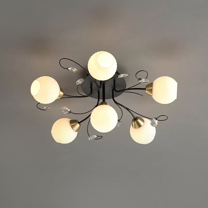 6 Heads Drawing Room Ceiling Lighting Modernism Black Semi Flush Mount with Ball Opal Lattice Glass Shade Clearhalo 'Ceiling Lights' 'Close To Ceiling Lights' 'Close to ceiling' 'Glass shade' 'Glass' 'Semi-flushmount' Lighting' 1711887