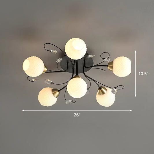 6 Heads Drawing Room Ceiling Lighting Modernism Black Semi Flush Mount with Ball Opal Lattice Glass Shade Clearhalo 'Ceiling Lights' 'Close To Ceiling Lights' 'Close to ceiling' 'Glass shade' 'Glass' 'Semi-flushmount' Lighting' 1711888