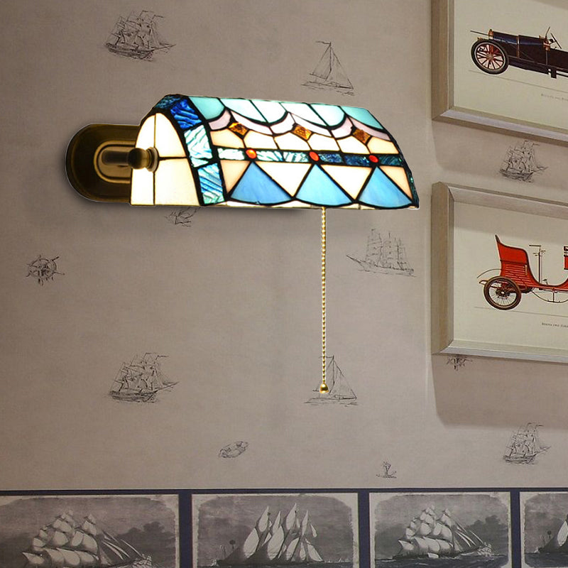 Mediterranean Banker Lamp with Pull Chain Stained Glass 1 Light Wall Sconce in Blue Clearhalo 'Industrial' 'Middle century wall lights' 'Tiffany wall lights' 'Tiffany' 'Wall Lamps & Sconces' 'Wall Lights' Lighting' 171189