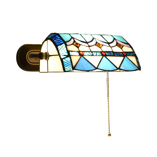 Mediterranean Banker Lamp with Pull Chain Stained Glass 1 Light Wall Sconce in Blue Clearhalo 'Industrial' 'Middle century wall lights' 'Tiffany wall lights' 'Tiffany' 'Wall Lamps & Sconces' 'Wall Lights' Lighting' 171190