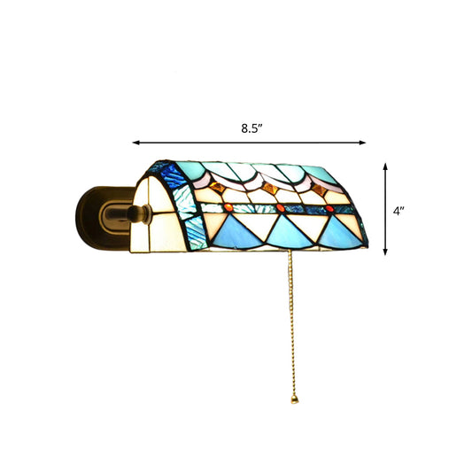 Mediterranean Banker Lamp with Pull Chain Stained Glass 1 Light Wall Sconce in Blue Clearhalo 'Industrial' 'Middle century wall lights' 'Tiffany wall lights' 'Tiffany' 'Wall Lamps & Sconces' 'Wall Lights' Lighting' 171191