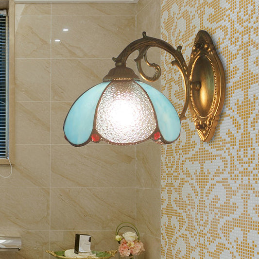 Floral Sconce Lighting Stained Glass 1 Light Tiffany Style Wall Lamp in Blue/Beige for Bedroom Blue Clearhalo 'Industrial' 'Middle century wall lights' 'Tiffany wall lights' 'Tiffany' 'Wall Lamps & Sconces' 'Wall Lights' Lighting' 171205