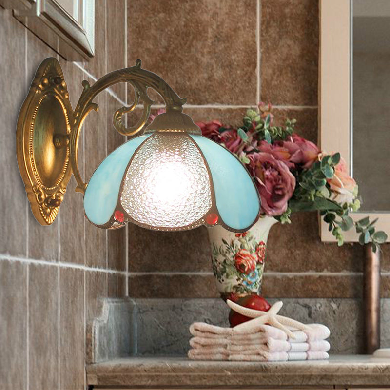 Floral Sconce Lighting Stained Glass 1 Light Tiffany Style Wall Lamp in Blue/Beige for Bedroom Clearhalo 'Industrial' 'Middle century wall lights' 'Tiffany wall lights' 'Tiffany' 'Wall Lamps & Sconces' 'Wall Lights' Lighting' 171206