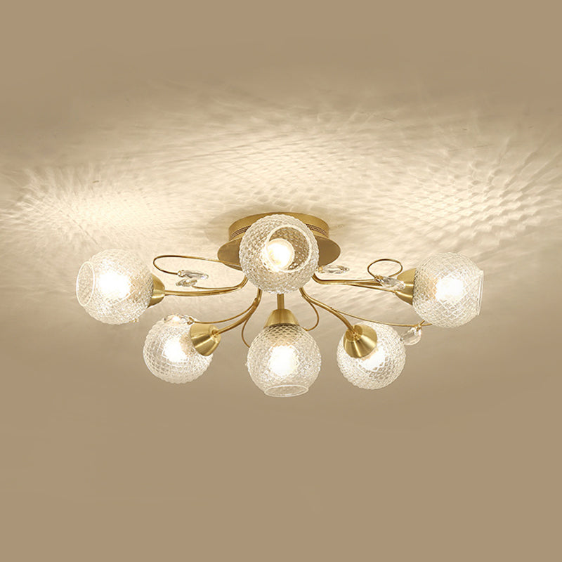 Globe Ceiling Mounted Fixture Minimalism Clear Lattice Glass 6 Bulbs Black/Gold Semi Flush Light Clearhalo 'Ceiling Lights' 'Close To Ceiling Lights' 'Close to ceiling' 'Glass shade' 'Glass' 'Semi-flushmount' Lighting' 1712109