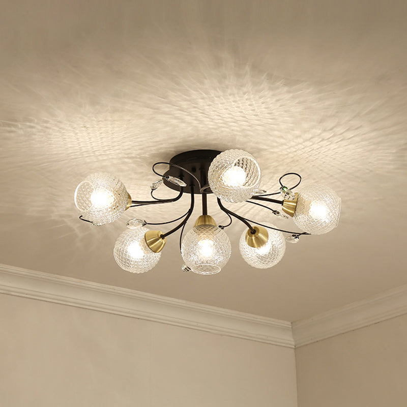 Globe Ceiling Mounted Fixture Minimalism Clear Lattice Glass 6 Bulbs Black/Gold Semi Flush Light Clearhalo 'Ceiling Lights' 'Close To Ceiling Lights' 'Close to ceiling' 'Glass shade' 'Glass' 'Semi-flushmount' Lighting' 1712113