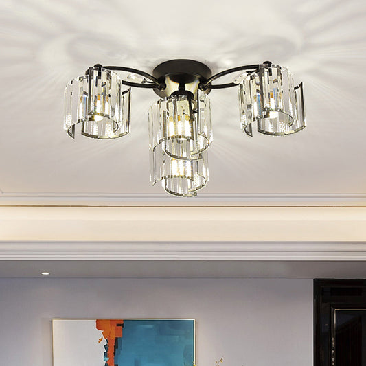 Curved Panel Semi Flush Mount Modern Crystal Rectangle 4/6 Heads Dining Room Ceiling Lighting in Black 4 Black Clearhalo 'Ceiling Lights' 'Close To Ceiling Lights' 'Close to ceiling' 'Semi-flushmount' Lighting' 1712123