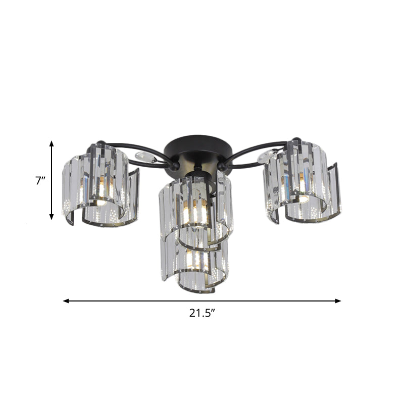 Curved Panel Semi Flush Mount Modern Crystal Rectangle 4/6 Heads Dining Room Ceiling Lighting in Black Clearhalo 'Ceiling Lights' 'Close To Ceiling Lights' 'Close to ceiling' 'Semi-flushmount' Lighting' 1712126