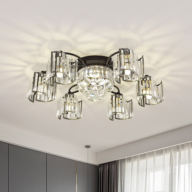 Curved Panel Semi Flush Mount Modern Crystal Rectangle 4/6 Heads Dining Room Ceiling Lighting in Black 6 Black Clearhalo 'Ceiling Lights' 'Close To Ceiling Lights' 'Close to ceiling' 'Semi-flushmount' Lighting' 1712127