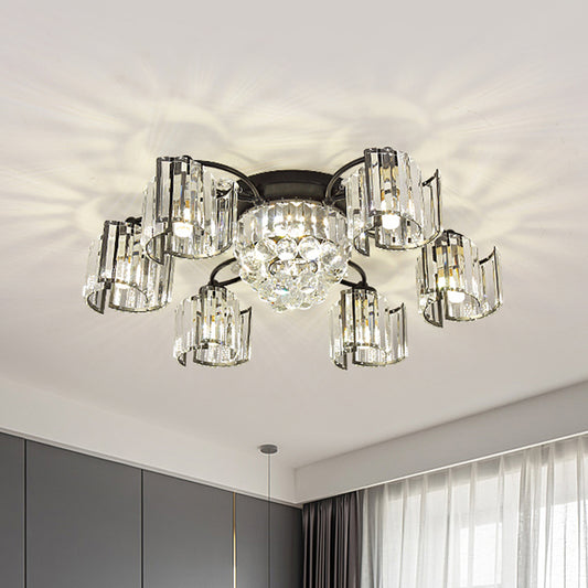 Curved Panel Semi Flush Mount Modern Crystal Rectangle 4/6 Heads Dining Room Ceiling Lighting in Black 6 Black Clearhalo 'Ceiling Lights' 'Close To Ceiling Lights' 'Close to ceiling' 'Semi-flushmount' Lighting' 1712127