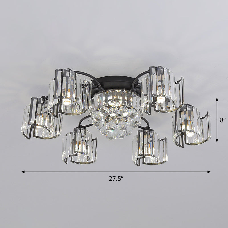 Curved Panel Semi Flush Mount Modern Crystal Rectangle 4/6 Heads Dining Room Ceiling Lighting in Black Clearhalo 'Ceiling Lights' 'Close To Ceiling Lights' 'Close to ceiling' 'Semi-flushmount' Lighting' 1712131