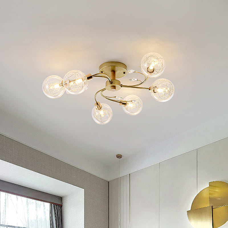 Clear Glass Ball Semi Flush Lamp Contemporary 6-Light Black/Gold Close to Ceiling Lighting Gold Clearhalo 'Ceiling Lights' 'Close To Ceiling Lights' 'Close to ceiling' 'Semi-flushmount' Lighting' 1712172