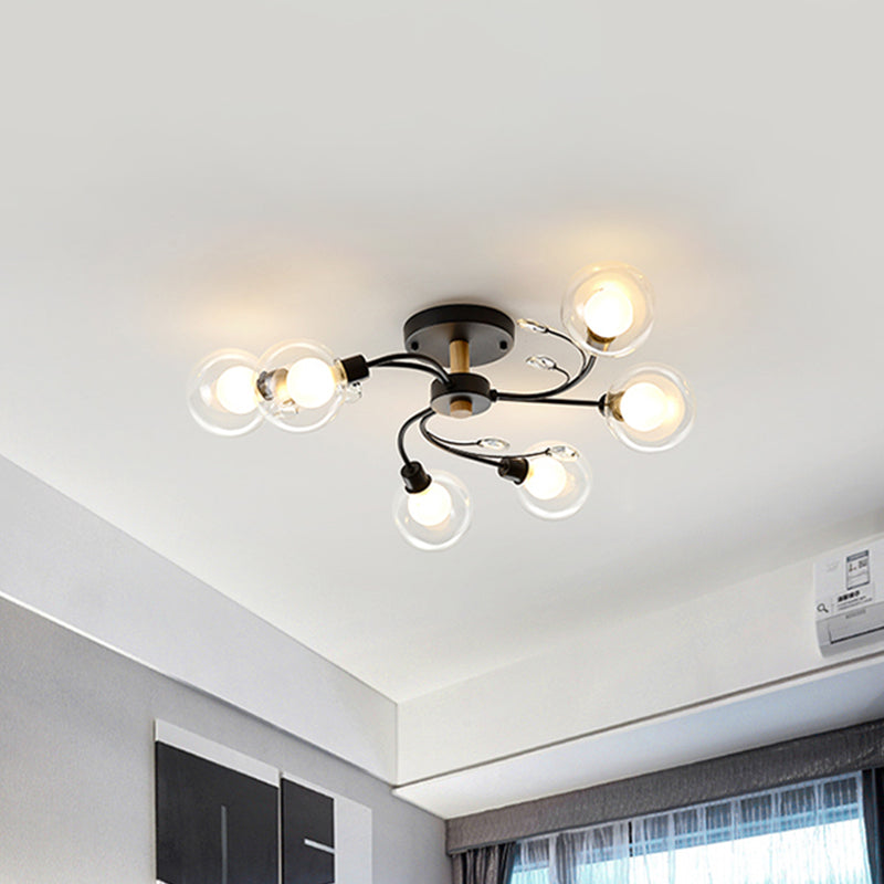 Clear Glass Ball Semi Flush Lamp Contemporary 6-Light Black/Gold Close to Ceiling Lighting Clearhalo 'Ceiling Lights' 'Close To Ceiling Lights' 'Close to ceiling' 'Semi-flushmount' Lighting' 1712177