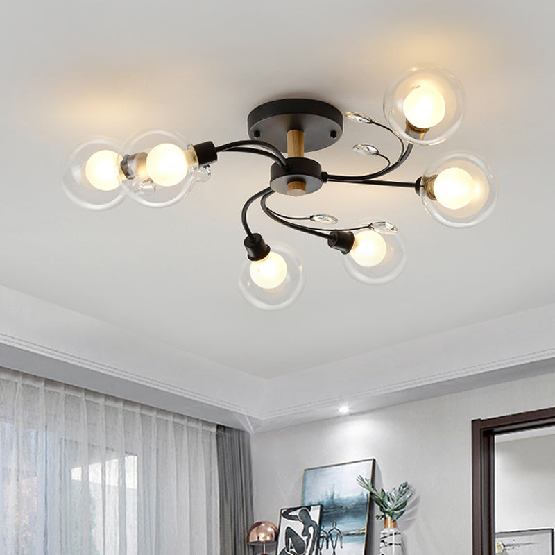 Clear Glass Ball Semi Flush Lamp Contemporary 6-Light Black/Gold Close to Ceiling Lighting Clearhalo 'Ceiling Lights' 'Close To Ceiling Lights' 'Close to ceiling' 'Semi-flushmount' Lighting' 1712178