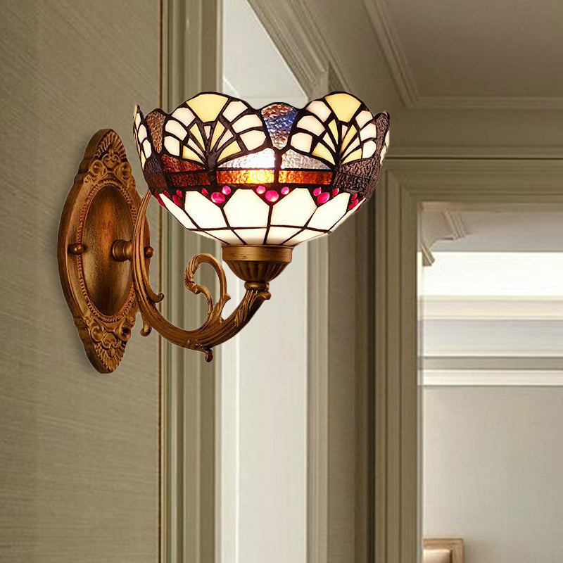 Stained Glass Bowl Wall Lighting Loft Vintage 1 Light Sconce Lamp for Living Room Brass Clearhalo 'Industrial' 'Middle century wall lights' 'Tiffany wall lights' 'Tiffany' 'Wall Lamps & Sconces' 'Wall Lights' Lighting' 171218