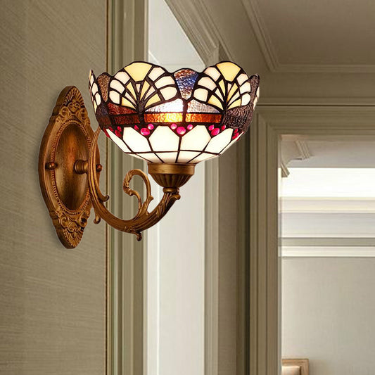 Stained Glass Bowl Wall Lighting Loft Vintage 1 Light Sconce Lamp for Living Room Brass Clearhalo 'Industrial' 'Middle century wall lights' 'Tiffany wall lights' 'Tiffany' 'Wall Lamps & Sconces' 'Wall Lights' Lighting' 171218
