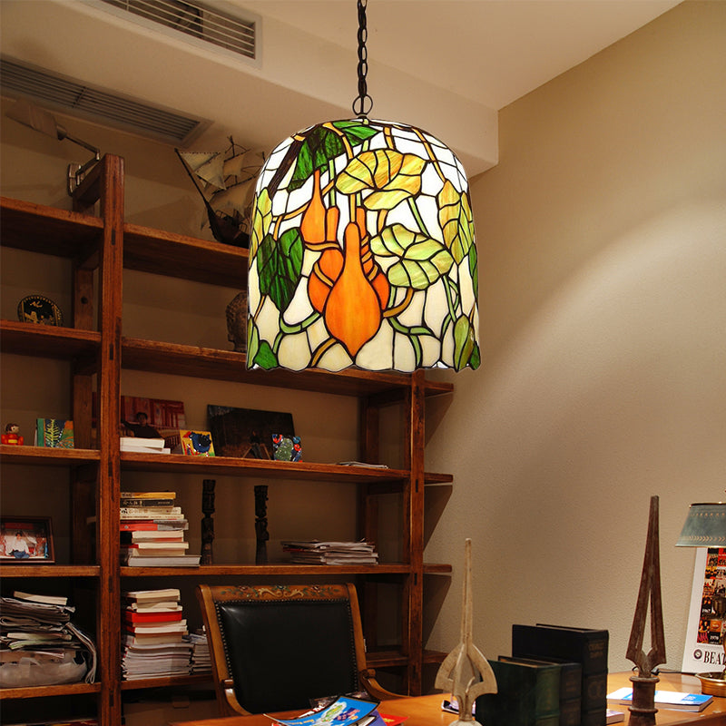 Bell Pendant Lamp 1 Head Green Cut Glass Tiffany Hanging Ceiling Light with Grape/Leaf Pattern Green Leaf Clearhalo 'Ceiling Lights' 'Industrial' 'Middle Century Pendants' 'Pendant Lights' 'Pendants' 'Tiffany close to ceiling' 'Tiffany Pendants' 'Tiffany' Lighting' 171227