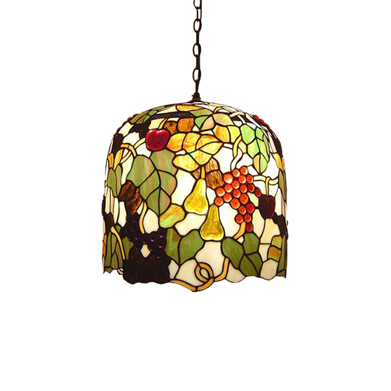 Bell Pendant Lamp 1 Head Green Cut Glass Tiffany Hanging Ceiling Light with Grape/Leaf Pattern Clearhalo 'Ceiling Lights' 'Industrial' 'Middle Century Pendants' 'Pendant Lights' 'Pendants' 'Tiffany close to ceiling' 'Tiffany Pendants' 'Tiffany' Lighting' 171232