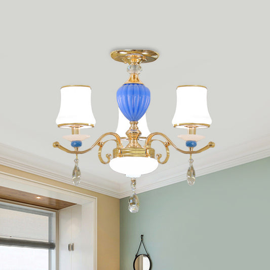 Rural Bell Semi Flush Mount Chandelier Opal Glass 3/6/8 Heads Living Room Ceiling Lamp with Crystal Drops in Gold 3 Gold
