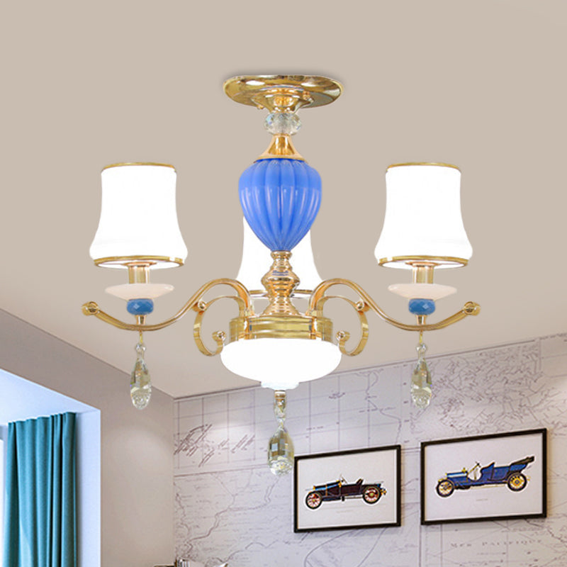 Rural Bell Semi Flush Mount Chandelier Opal Glass 3/6/8 Heads Living Room Ceiling Lamp with Crystal Drops in Gold Clearhalo 'Ceiling Lights' 'Close To Ceiling Lights' 'Close to ceiling' 'Glass shade' 'Glass' 'Semi-flushmount' Lighting' 1712379