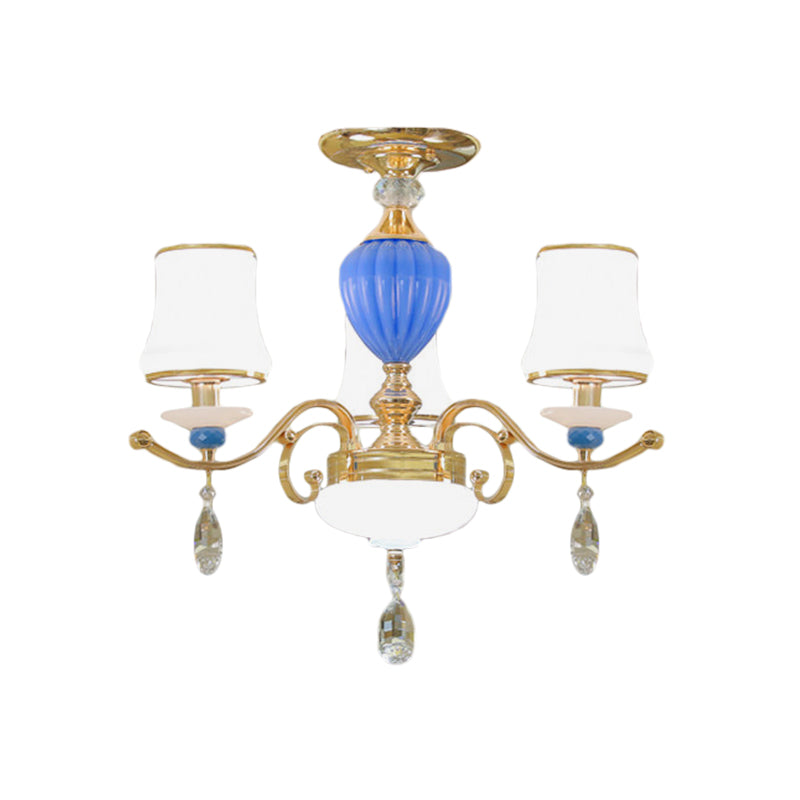 Rural Bell Semi Flush Mount Chandelier Opal Glass 3/6/8 Heads Living Room Ceiling Lamp with Crystal Drops in Gold Clearhalo 'Ceiling Lights' 'Close To Ceiling Lights' 'Close to ceiling' 'Glass shade' 'Glass' 'Semi-flushmount' Lighting' 1712380
