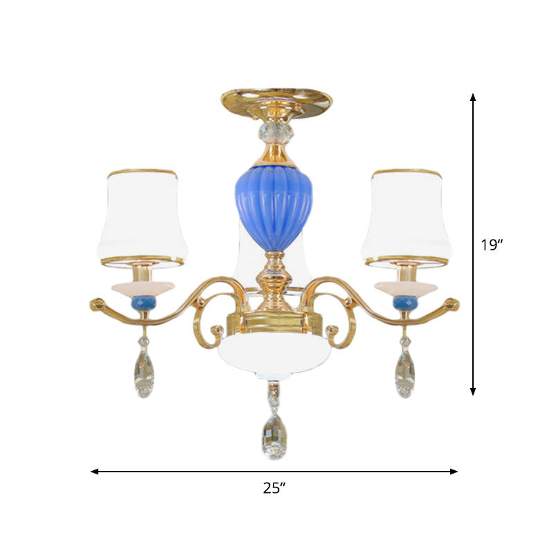 Rural Bell Semi Flush Mount Chandelier Opal Glass 3/6/8 Heads Living Room Ceiling Lamp with Crystal Drops in Gold Clearhalo 'Ceiling Lights' 'Close To Ceiling Lights' 'Close to ceiling' 'Glass shade' 'Glass' 'Semi-flushmount' Lighting' 1712381
