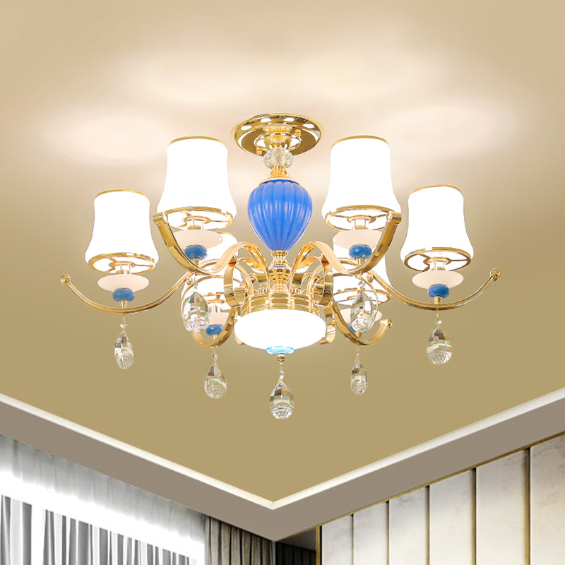 Rural Bell Semi Flush Mount Chandelier Opal Glass 3/6/8 Heads Living Room Ceiling Lamp with Crystal Drops in Gold 6 Gold Clearhalo 'Ceiling Lights' 'Close To Ceiling Lights' 'Close to ceiling' 'Glass shade' 'Glass' 'Semi-flushmount' Lighting' 1712382