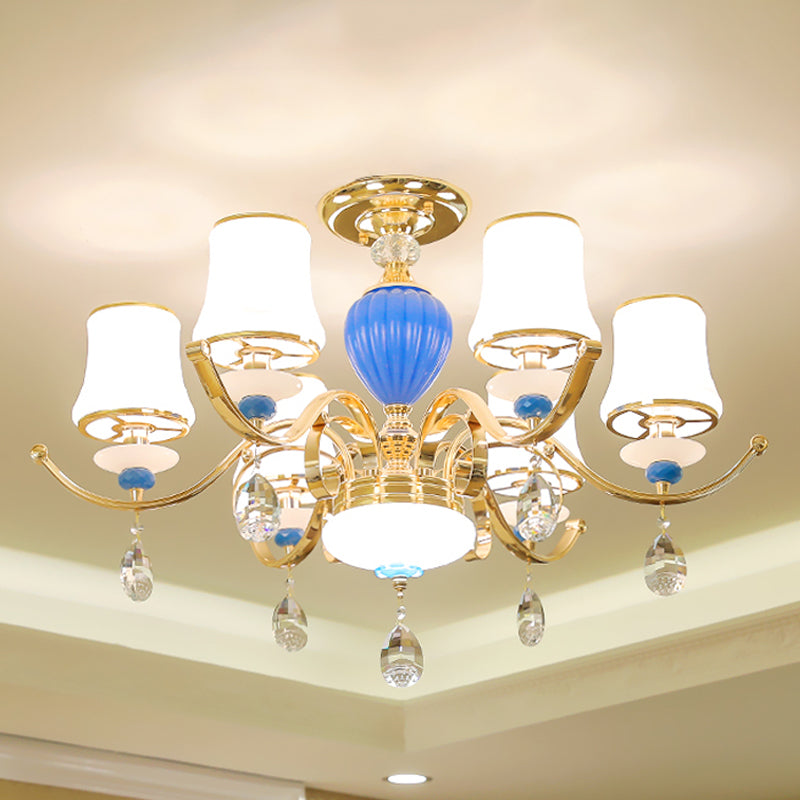 Rural Bell Semi Flush Mount Chandelier Opal Glass 3/6/8 Heads Living Room Ceiling Lamp with Crystal Drops in Gold Clearhalo 'Ceiling Lights' 'Close To Ceiling Lights' 'Close to ceiling' 'Glass shade' 'Glass' 'Semi-flushmount' Lighting' 1712383