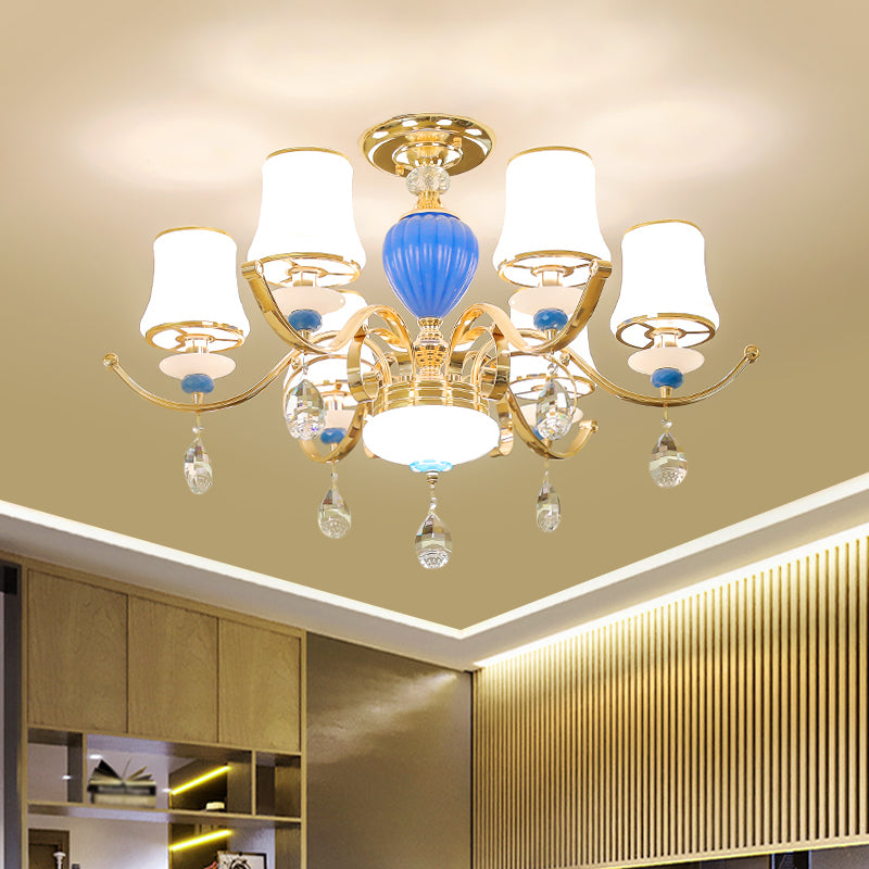 Rural Bell Semi Flush Mount Chandelier Opal Glass 3/6/8 Heads Living Room Ceiling Lamp with Crystal Drops in Gold Clearhalo 'Ceiling Lights' 'Close To Ceiling Lights' 'Close to ceiling' 'Glass shade' 'Glass' 'Semi-flushmount' Lighting' 1712384