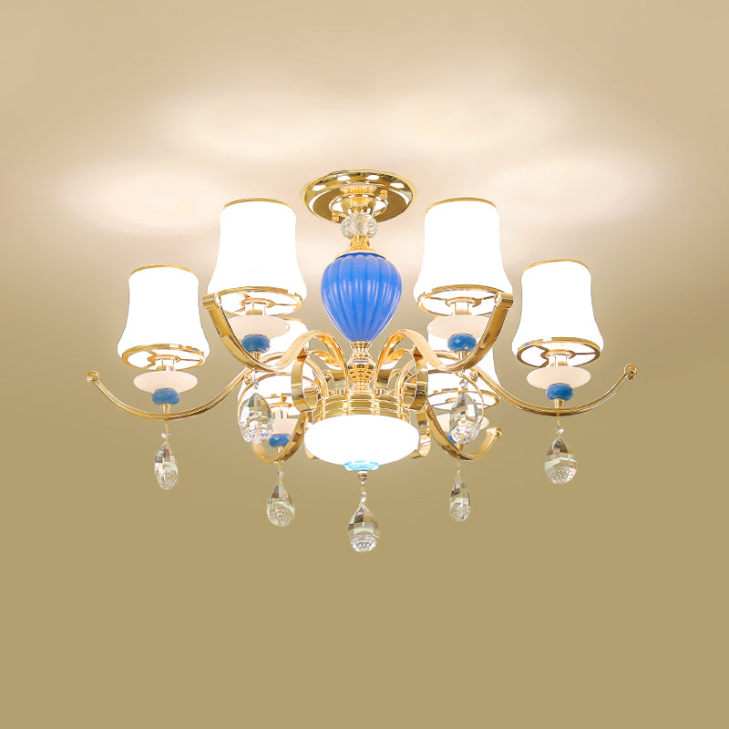 Rural Bell Semi Flush Mount Chandelier Opal Glass 3/6/8 Heads Living Room Ceiling Lamp with Crystal Drops in Gold Clearhalo 'Ceiling Lights' 'Close To Ceiling Lights' 'Close to ceiling' 'Glass shade' 'Glass' 'Semi-flushmount' Lighting' 1712385
