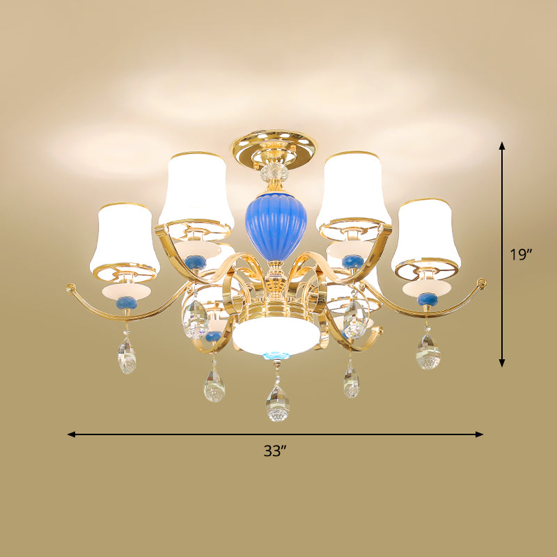 Rural Bell Semi Flush Mount Chandelier Opal Glass 3/6/8 Heads Living Room Ceiling Lamp with Crystal Drops in Gold Clearhalo 'Ceiling Lights' 'Close To Ceiling Lights' 'Close to ceiling' 'Glass shade' 'Glass' 'Semi-flushmount' Lighting' 1712386