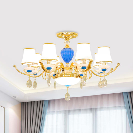 Rural Bell Semi Flush Mount Chandelier Opal Glass 3/6/8 Heads Living Room Ceiling Lamp with Crystal Drops in Gold Clearhalo 'Ceiling Lights' 'Close To Ceiling Lights' 'Close to ceiling' 'Glass shade' 'Glass' 'Semi-flushmount' Lighting' 1712388