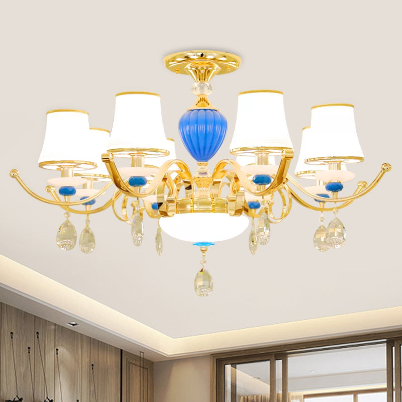 Rural Bell Semi Flush Mount Chandelier Opal Glass 3/6/8 Heads Living Room Ceiling Lamp with Crystal Drops in Gold Clearhalo 'Ceiling Lights' 'Close To Ceiling Lights' 'Close to ceiling' 'Glass shade' 'Glass' 'Semi-flushmount' Lighting' 1712389