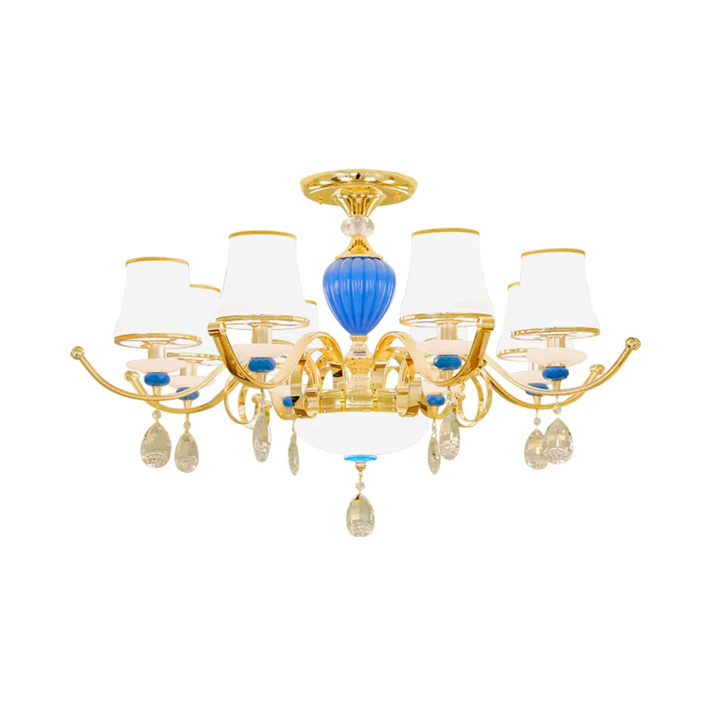 Rural Bell Semi Flush Mount Chandelier Opal Glass 3/6/8 Heads Living Room Ceiling Lamp with Crystal Drops in Gold Clearhalo 'Ceiling Lights' 'Close To Ceiling Lights' 'Close to ceiling' 'Glass shade' 'Glass' 'Semi-flushmount' Lighting' 1712390