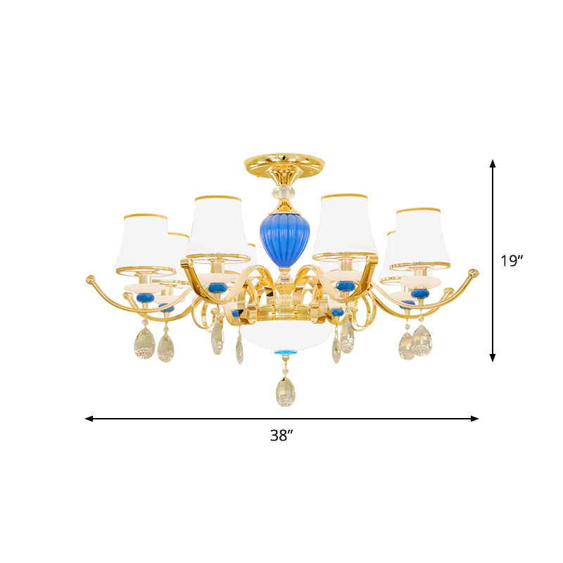 Rural Bell Semi Flush Mount Chandelier Opal Glass 3/6/8 Heads Living Room Ceiling Lamp with Crystal Drops in Gold Clearhalo 'Ceiling Lights' 'Close To Ceiling Lights' 'Close to ceiling' 'Glass shade' 'Glass' 'Semi-flushmount' Lighting' 1712391