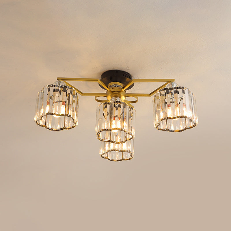 Floral Cylinder Guest Room Semi Flush Clear Crystal 4/6/7-Light Minimalism Ceiling Mounted Fixture in Gold Clearhalo 'Ceiling Lights' 'Close To Ceiling Lights' 'Close to ceiling' 'Semi-flushmount' Lighting' 1712393