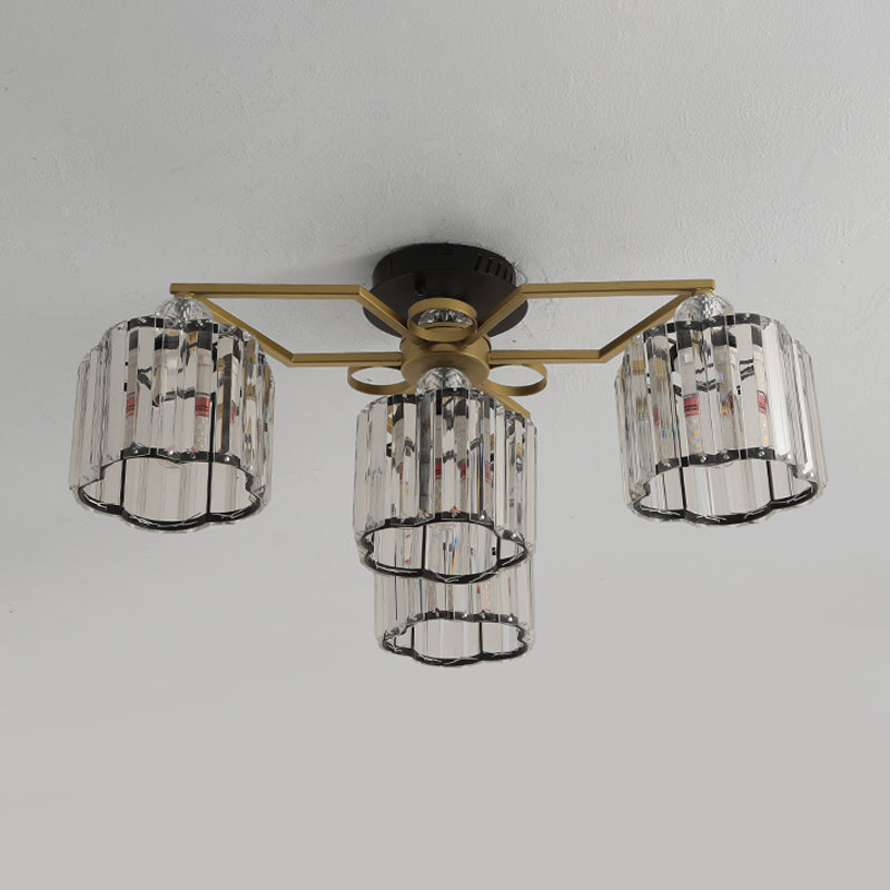Floral Cylinder Guest Room Semi Flush Clear Crystal 4/6/7-Light Minimalism Ceiling Mounted Fixture in Gold Clearhalo 'Ceiling Lights' 'Close To Ceiling Lights' 'Close to ceiling' 'Semi-flushmount' Lighting' 1712394