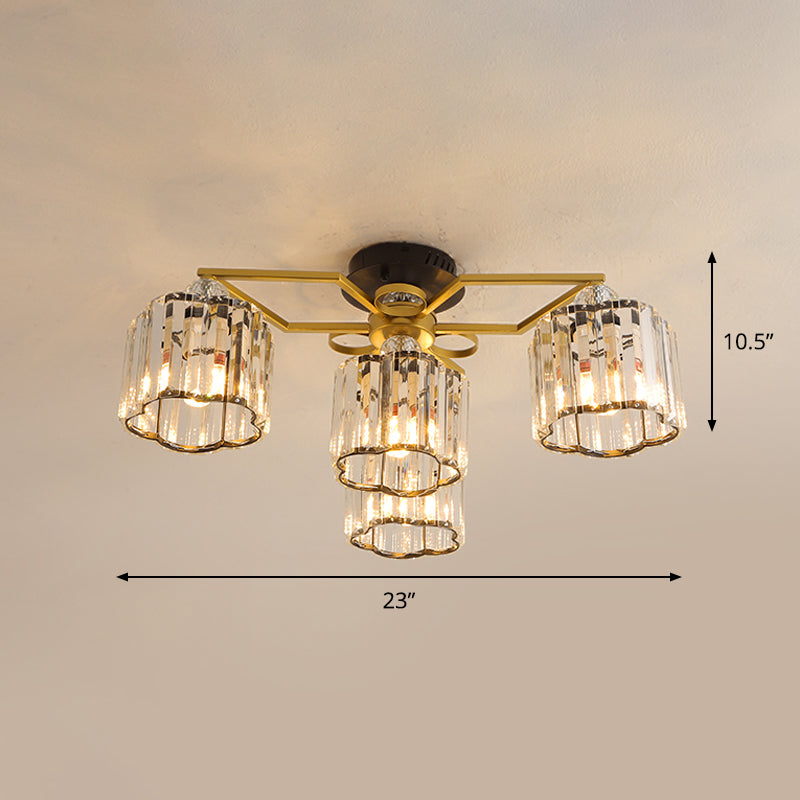 Floral Cylinder Guest Room Semi Flush Clear Crystal 4/6/7-Light Minimalism Ceiling Mounted Fixture in Gold Clearhalo 'Ceiling Lights' 'Close To Ceiling Lights' 'Close to ceiling' 'Semi-flushmount' Lighting' 1712395