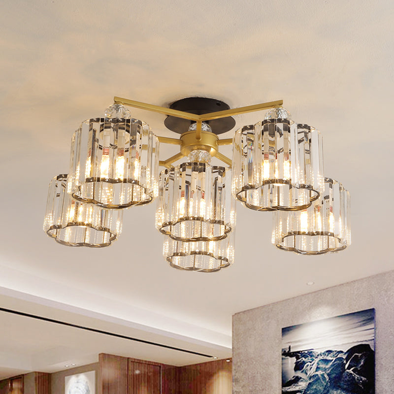 Floral Cylinder Guest Room Semi Flush Clear Crystal 4/6/7-Light Minimalism Ceiling Mounted Fixture in Gold 6 Gold Clearhalo 'Ceiling Lights' 'Close To Ceiling Lights' 'Close to ceiling' 'Semi-flushmount' Lighting' 1712396
