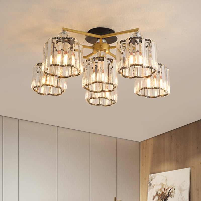 Floral Cylinder Guest Room Semi Flush Clear Crystal 4/6/7-Light Minimalism Ceiling Mounted Fixture in Gold Clearhalo 'Ceiling Lights' 'Close To Ceiling Lights' 'Close to ceiling' 'Semi-flushmount' Lighting' 1712397