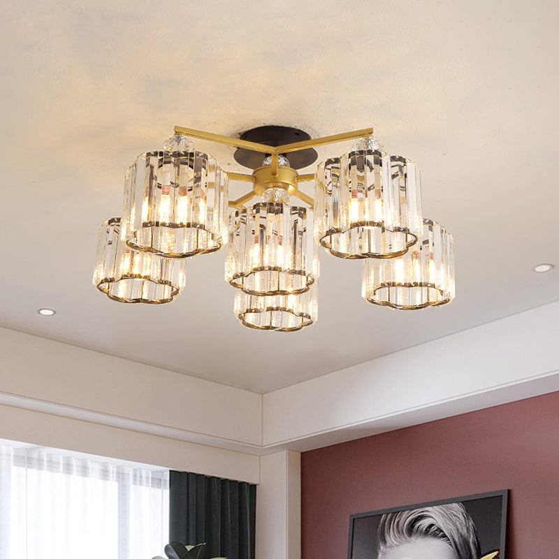 Floral Cylinder Guest Room Semi Flush Clear Crystal 4/6/7-Light Minimalism Ceiling Mounted Fixture in Gold Clearhalo 'Ceiling Lights' 'Close To Ceiling Lights' 'Close to ceiling' 'Semi-flushmount' Lighting' 1712398