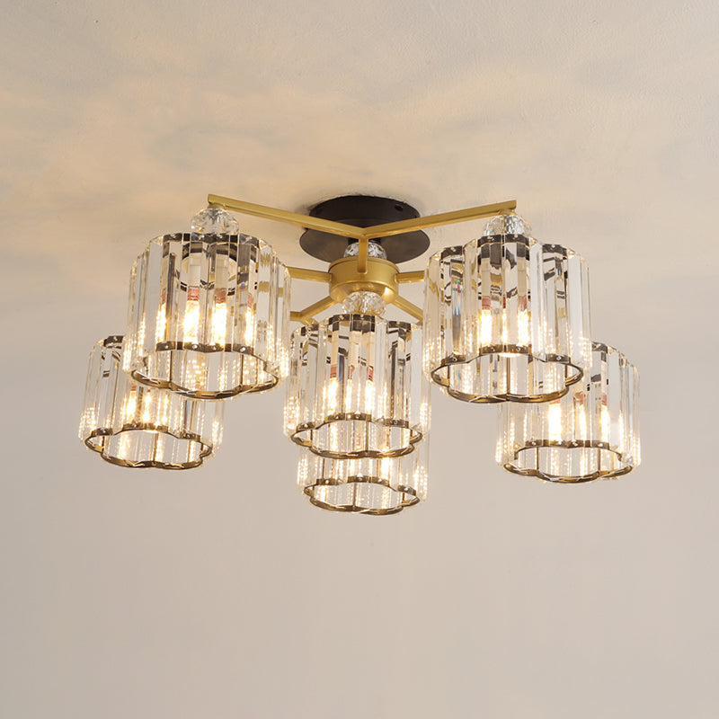Floral Cylinder Guest Room Semi Flush Clear Crystal 4/6/7-Light Minimalism Ceiling Mounted Fixture in Gold Clearhalo 'Ceiling Lights' 'Close To Ceiling Lights' 'Close to ceiling' 'Semi-flushmount' Lighting' 1712399